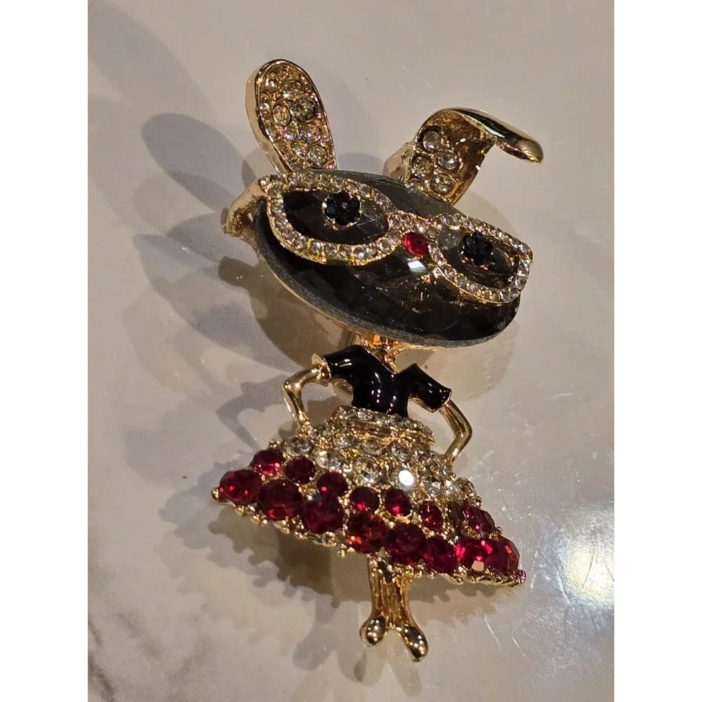 Rhinestone Bunny Rabbit Brooch Sunglasses Red Dress Gold Tone Cute Animal Pin