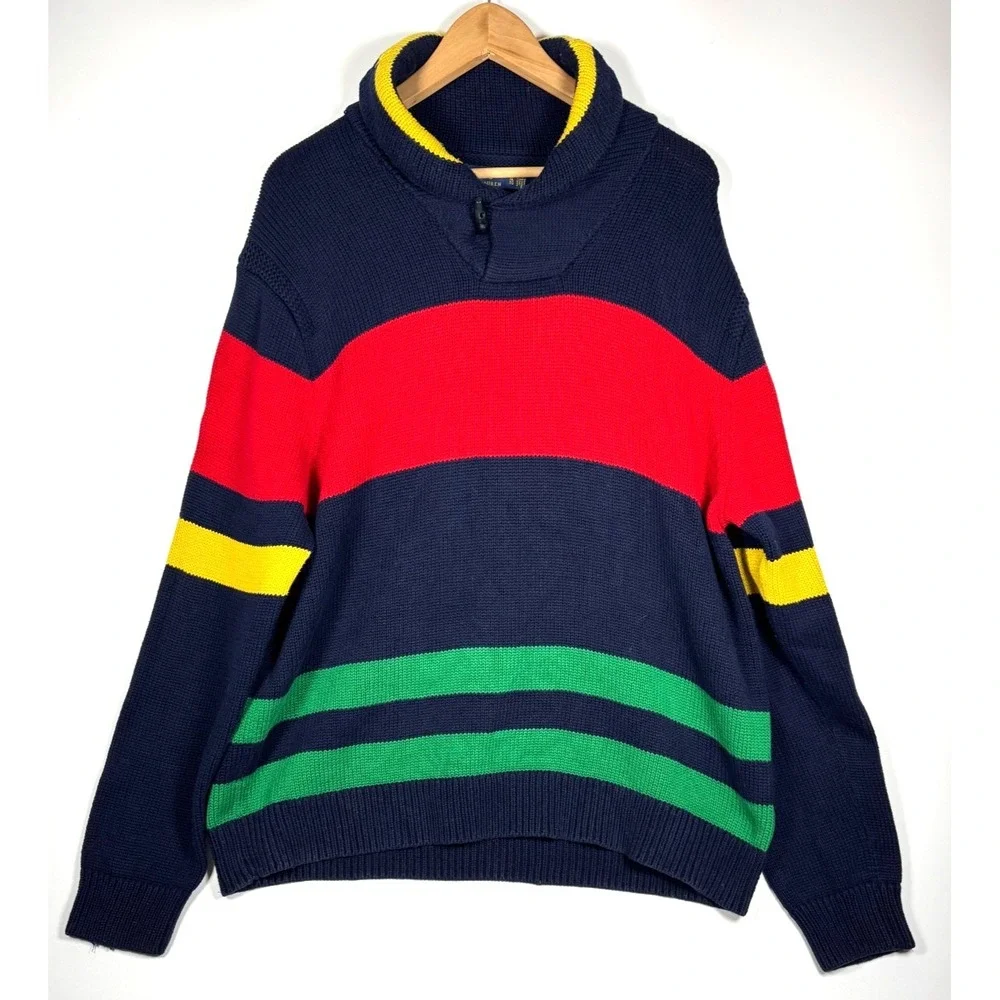 Polo Ralph Lauren 12.M Yacht Challenge Sweater Men XL Navy Red Stripe Shawl Neck