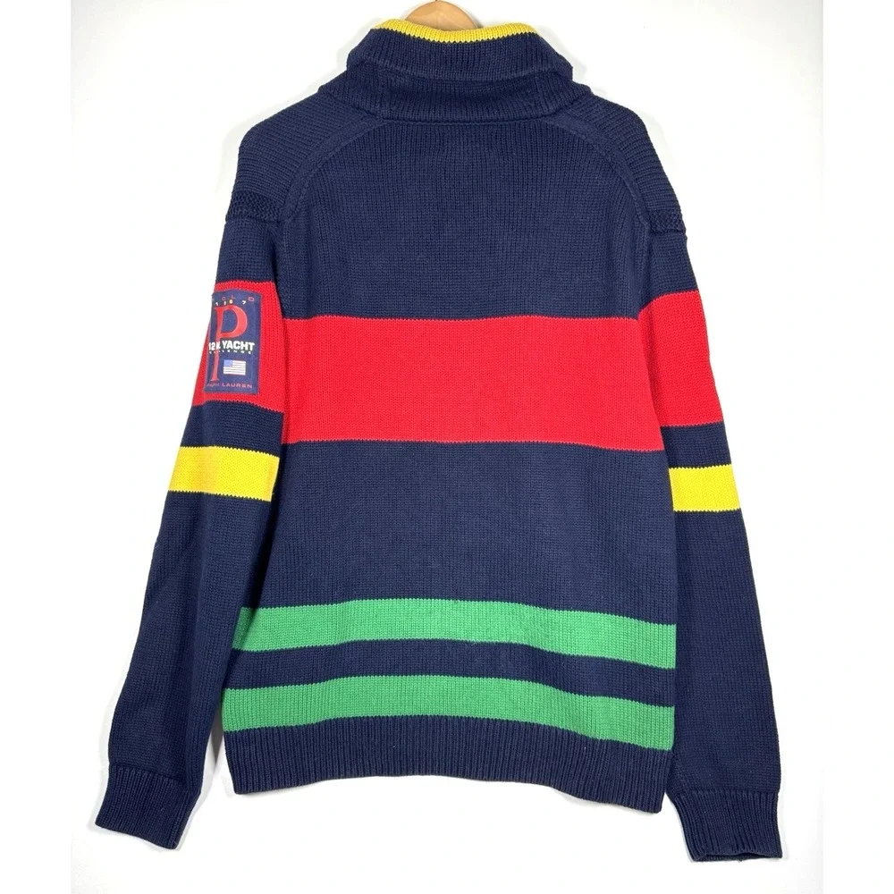 Polo Ralph Lauren 12.M Yacht Challenge Sweater Men XL Navy Red Stripe Shawl Neck
