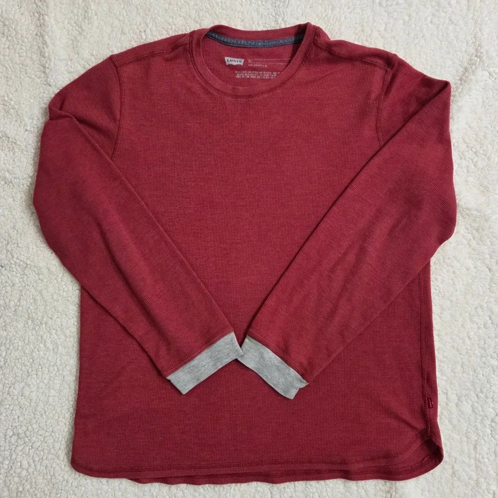 Levi's‎ Mens XL Red Waffle Knit Long Sleeve Crew Neck T-Shirt Casual