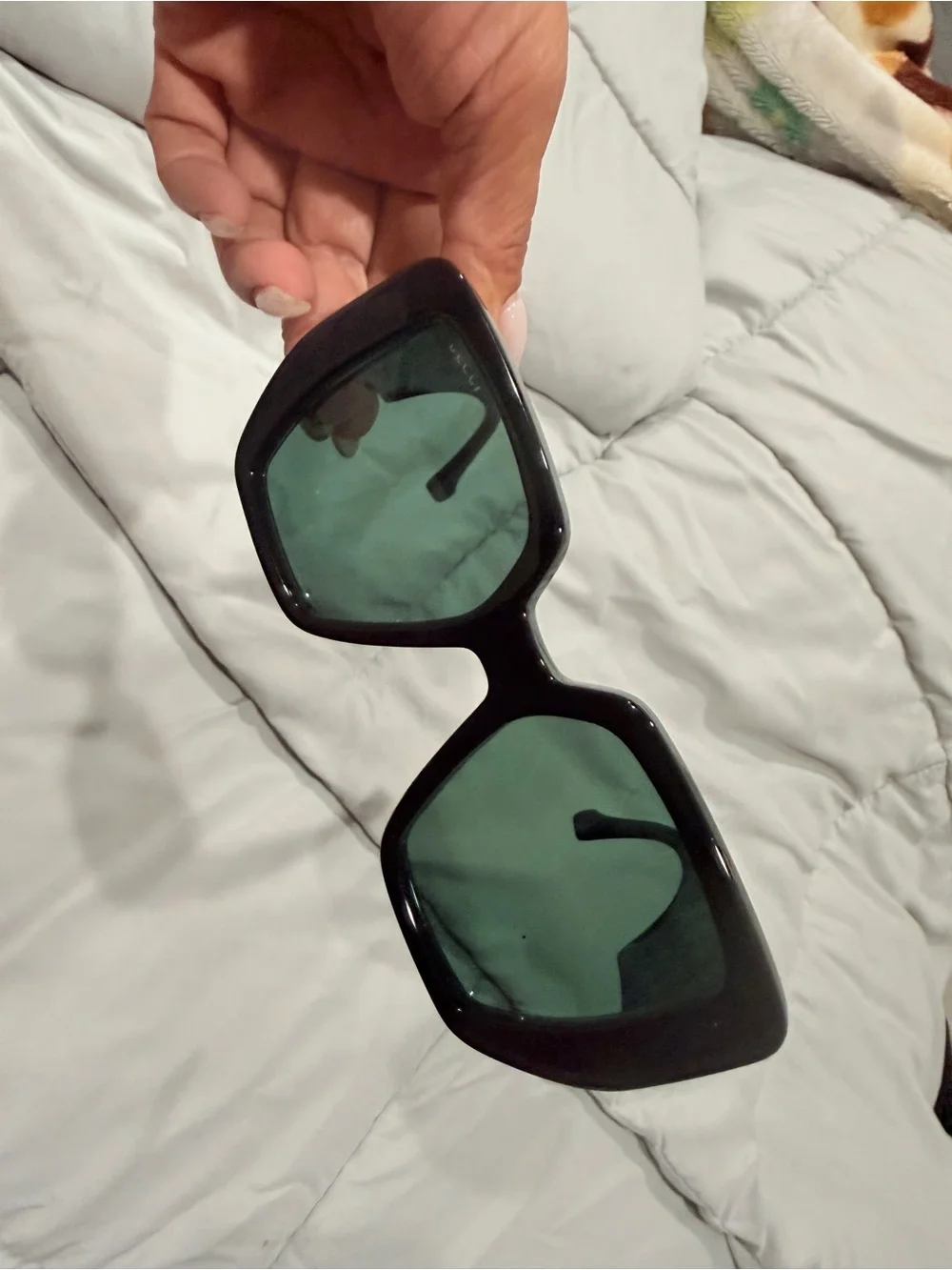 Gucci Black Frame Green Temples Gold Double-G Oversized Sunglasses with case