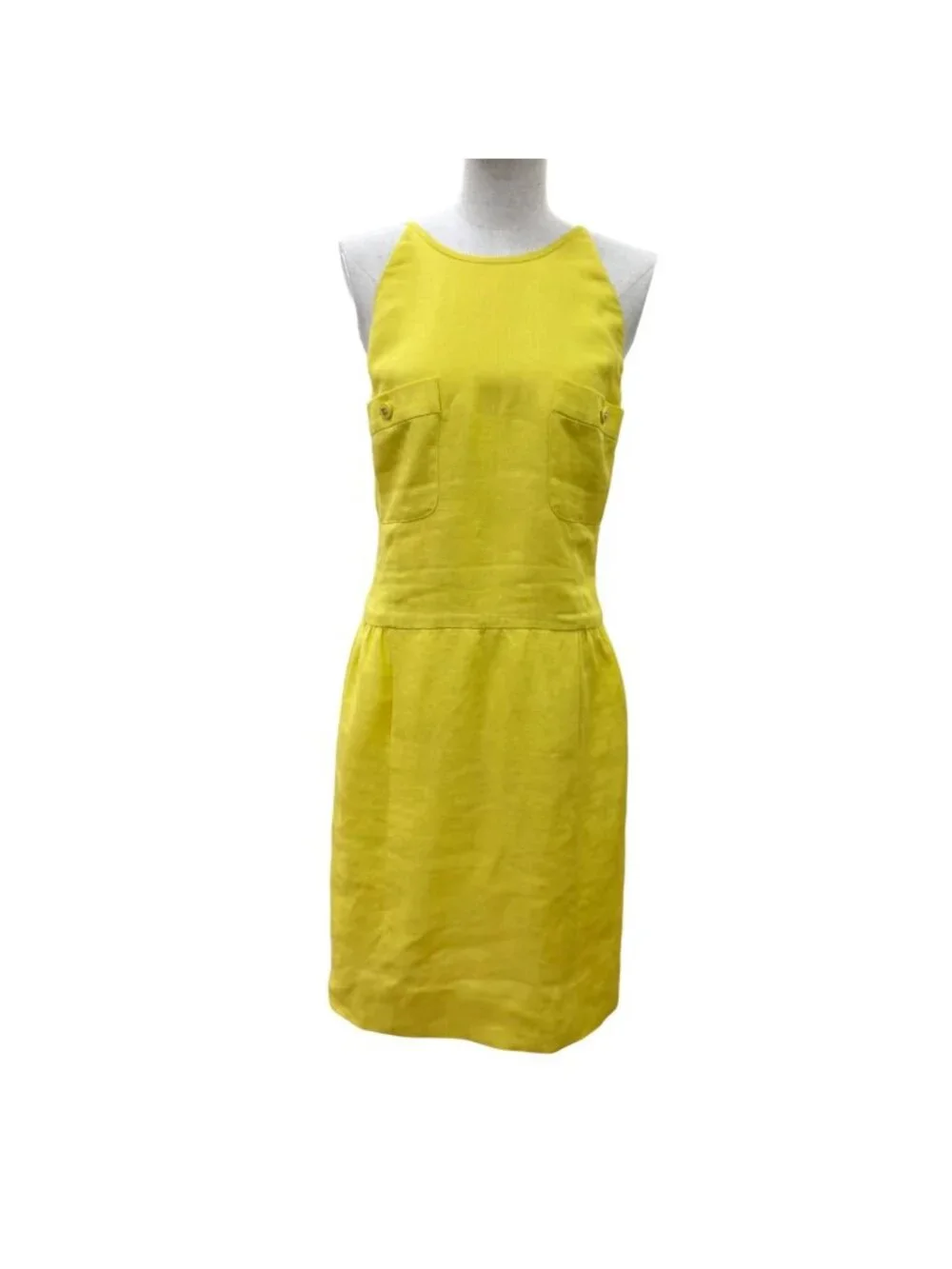 Chanel Vintage Linen 100% CC Logo Dress Yellow 38