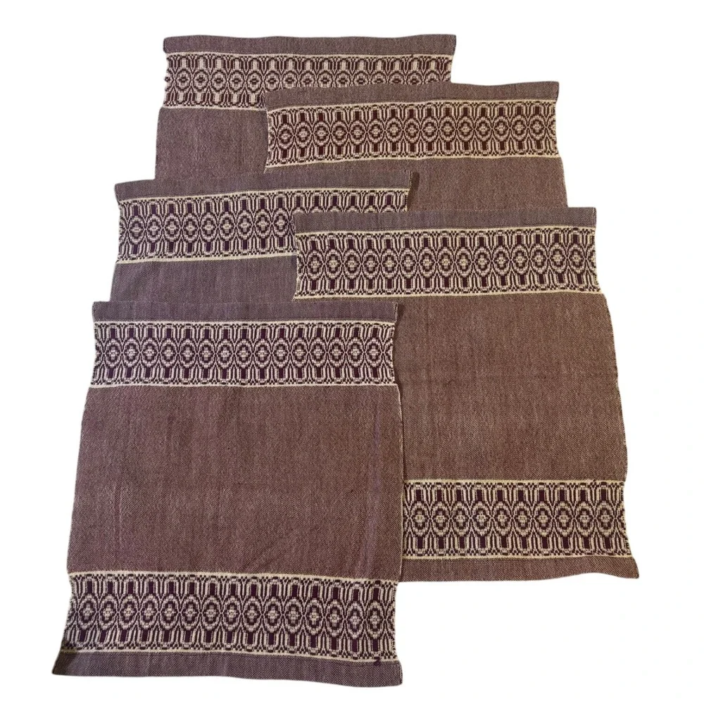 Vintage Handwoven Linen Napkins‎ Set of 5 Plum Purple Geometric Border 13x15