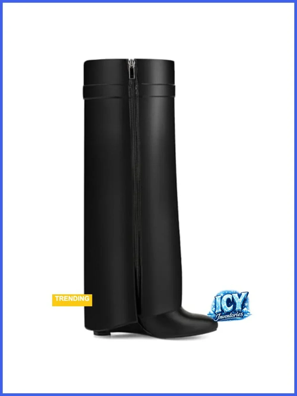 Fold Over Knee High Boots Women Pointy Toe Pull-on Wedge Heel Side Zipper PU
