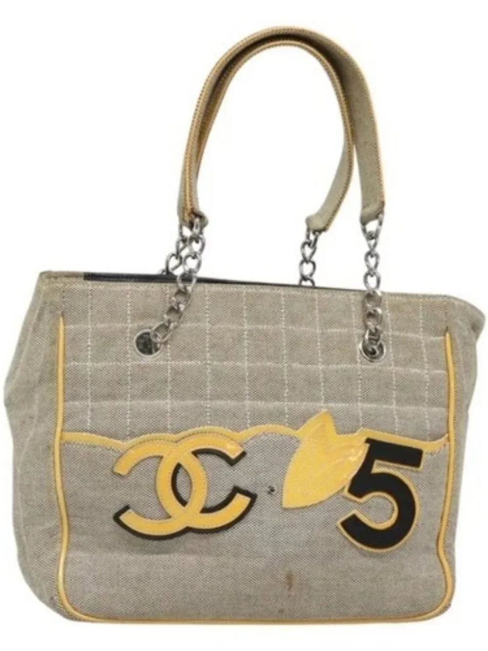 CHANEL Choco Bar Tote Bag Canvas Beige Yellow CC Auth 116301