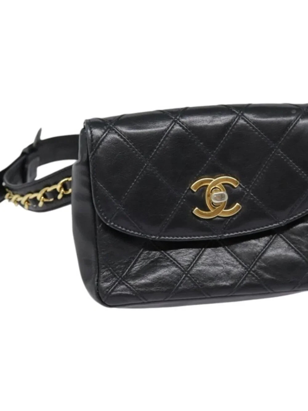 CHANEL Bicolore Turn Lock Chain Waist bag Leather Black Gold CC Auth yk14627