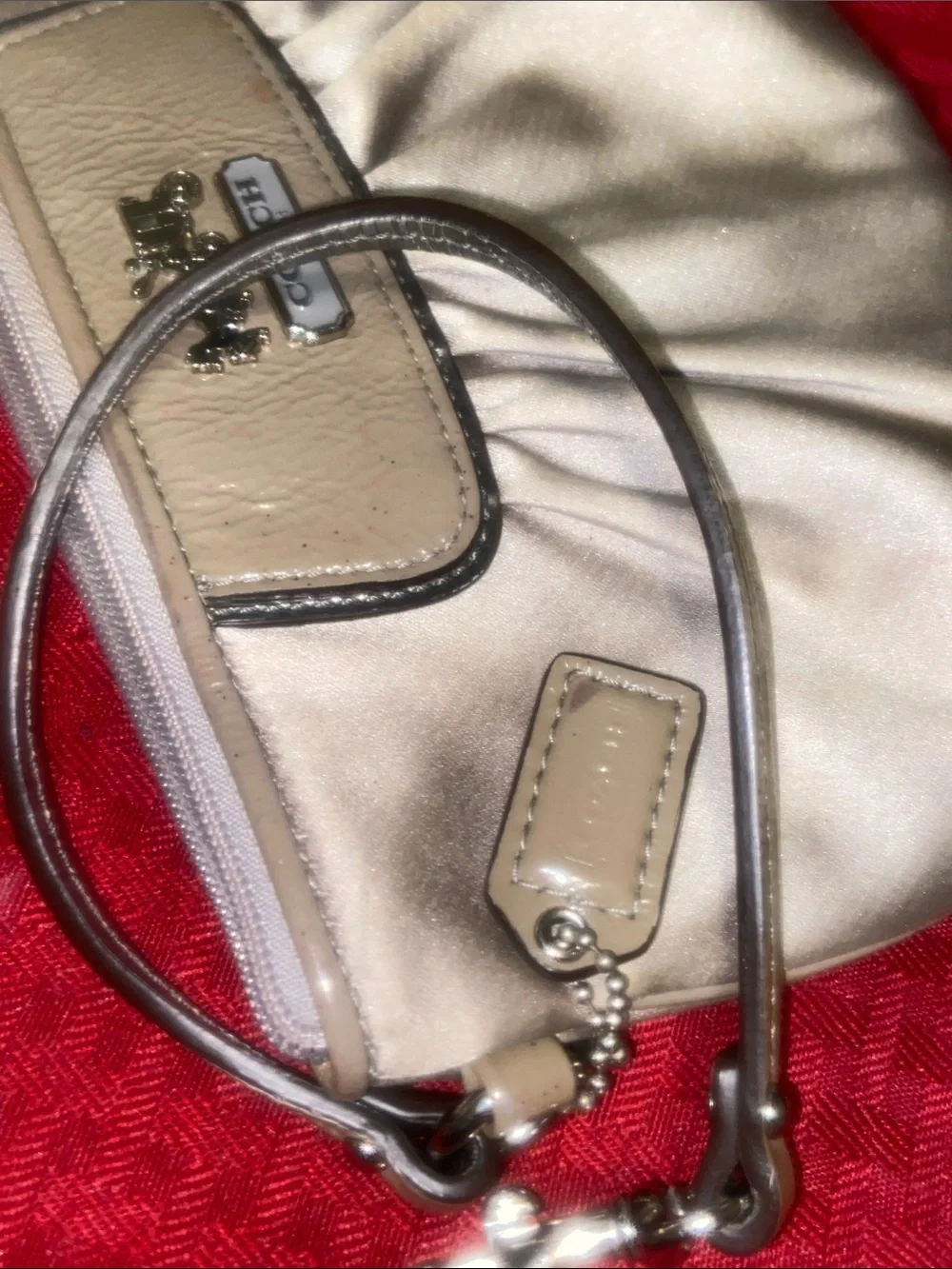 Coach Metallic Taupe Satin Wristlet with Gold Hardware