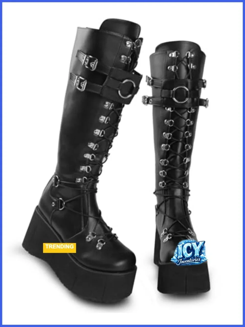 Faux Leather Chunky Platform Knee High Boots Lace Up Wedge Zip