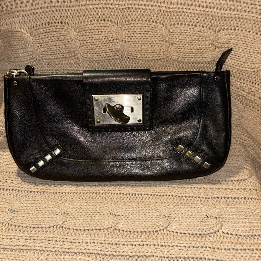 Sondra Roberts Black Genuine Leather Large Clutch with Wristlet Strap