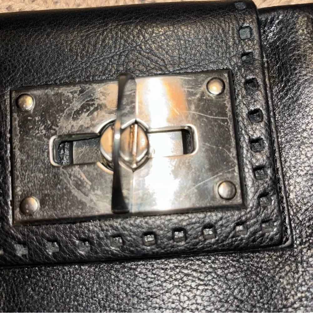 Sondra Roberts Black Genuine Leather Large Clutch with Wristlet Strap