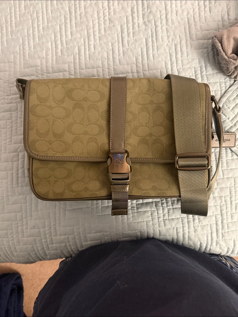 Coach League Men’s Olive/Tan Signature Jacquard Messenger Bag