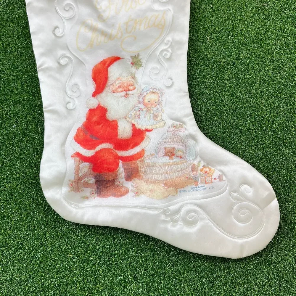 Vintage 1980s Giordano Art Christmas Stocking Satin Lace Babys First Christmas