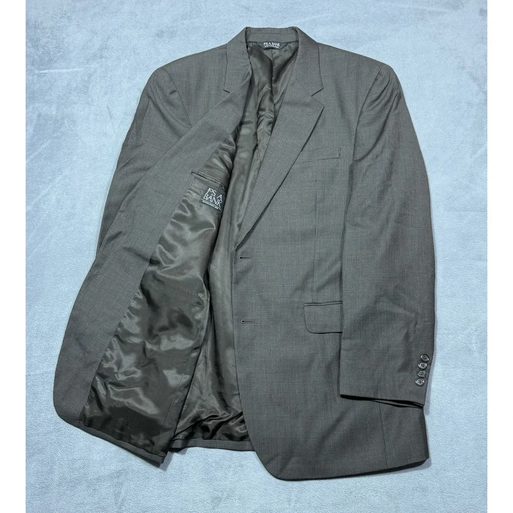 Jos A Bank Blazer Mens 44L Black Brown Micro-Houndstooth 100% Wool Sport Coat