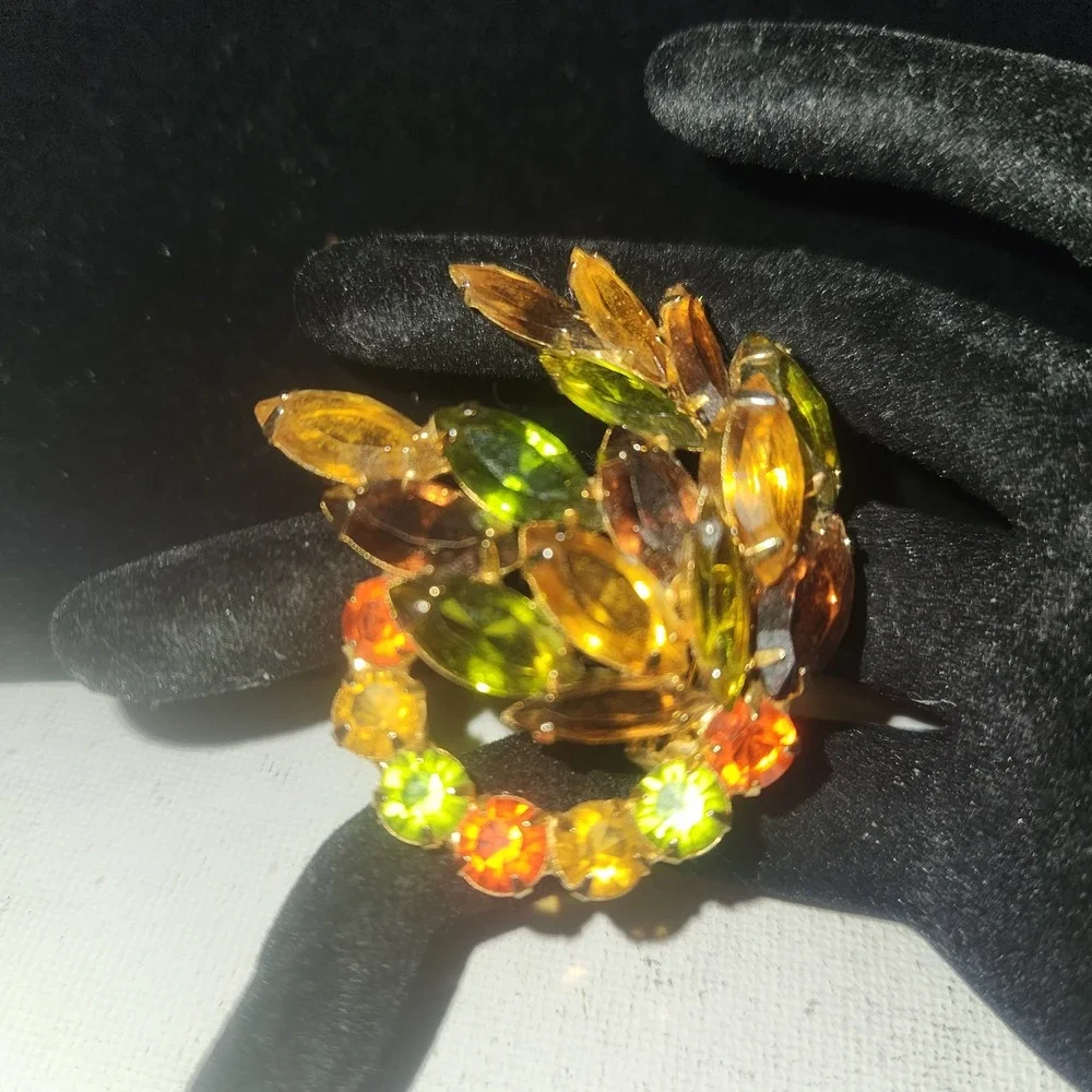 Vintage Amber Green Orange Rhinestone Layered Brooch Gold Tone Autumn Fall Jewel