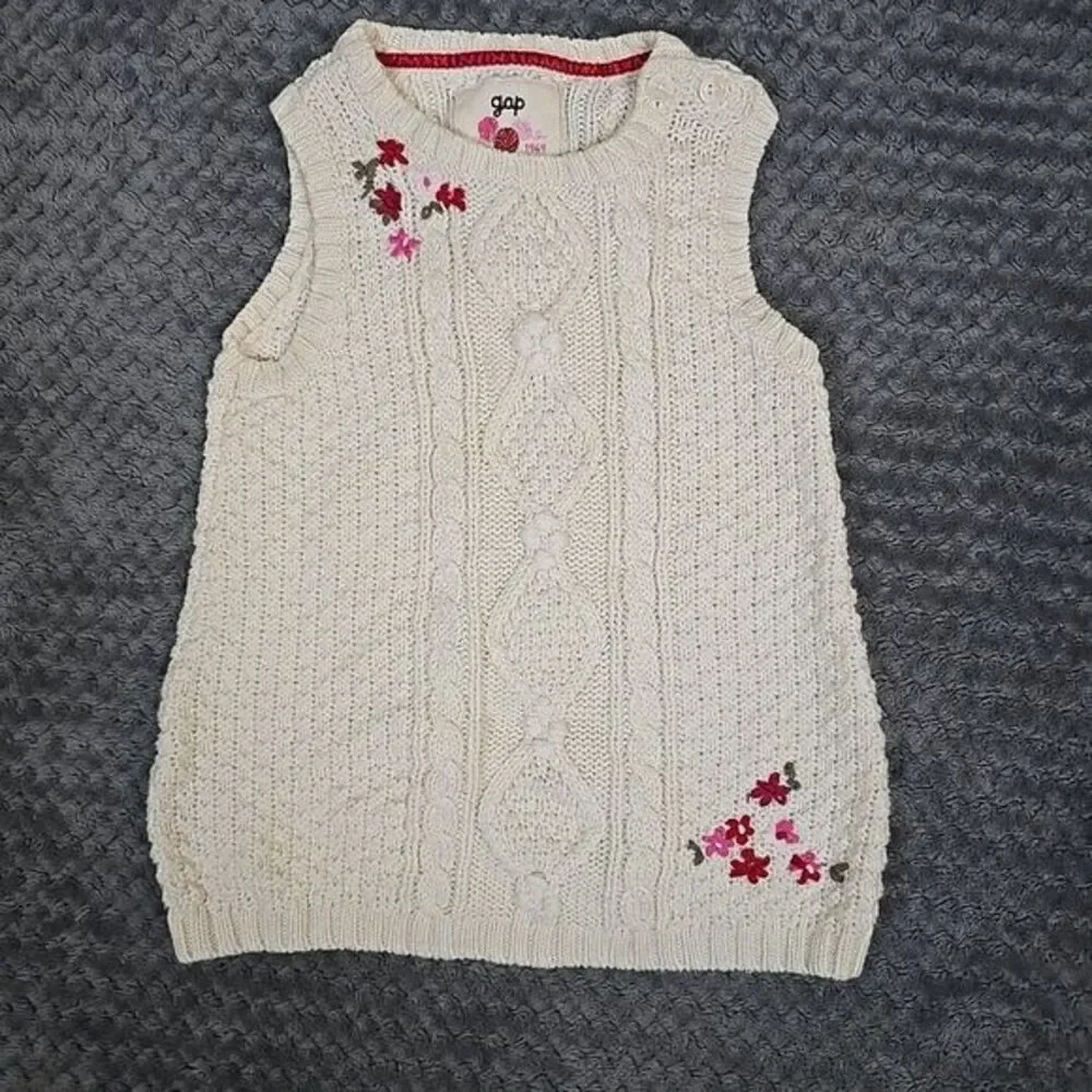 Gap Sweater Vest Toddler Girls 18-24 Cream Floral Cable Knit‎ Cozy Warm Holiday