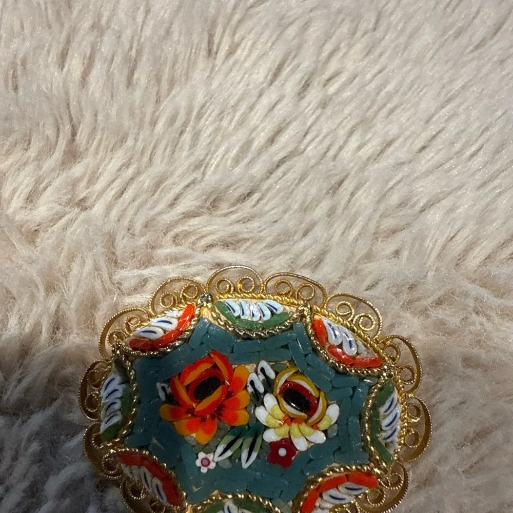 Vintage Gold Micromosaic‎ Micro Mosaic Flower Design Brooch Pin