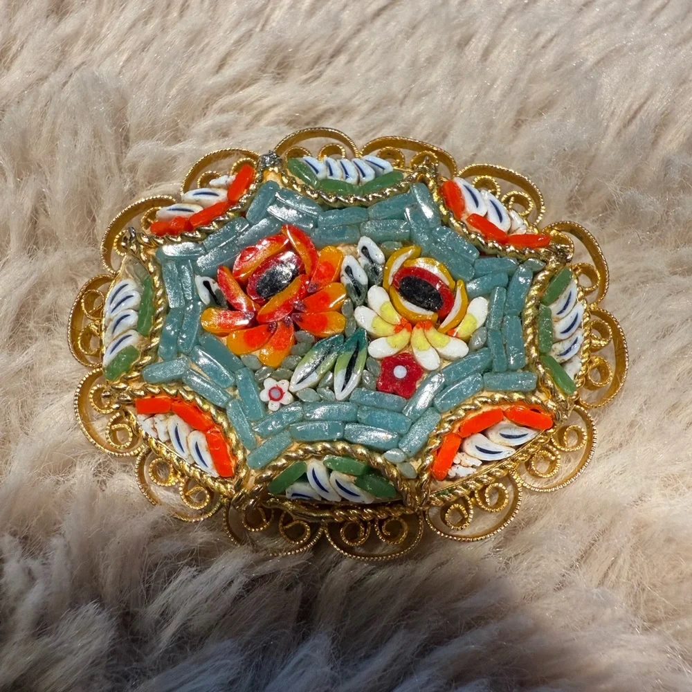 Vintage Gold Micromosaic‎ Micro Mosaic Flower Design Brooch Pin