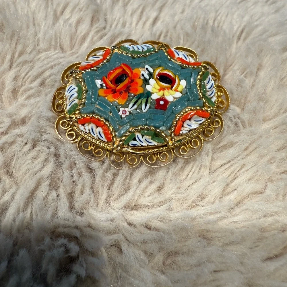 Vintage Gold Micromosaic‎ Micro Mosaic Flower Design Brooch Pin