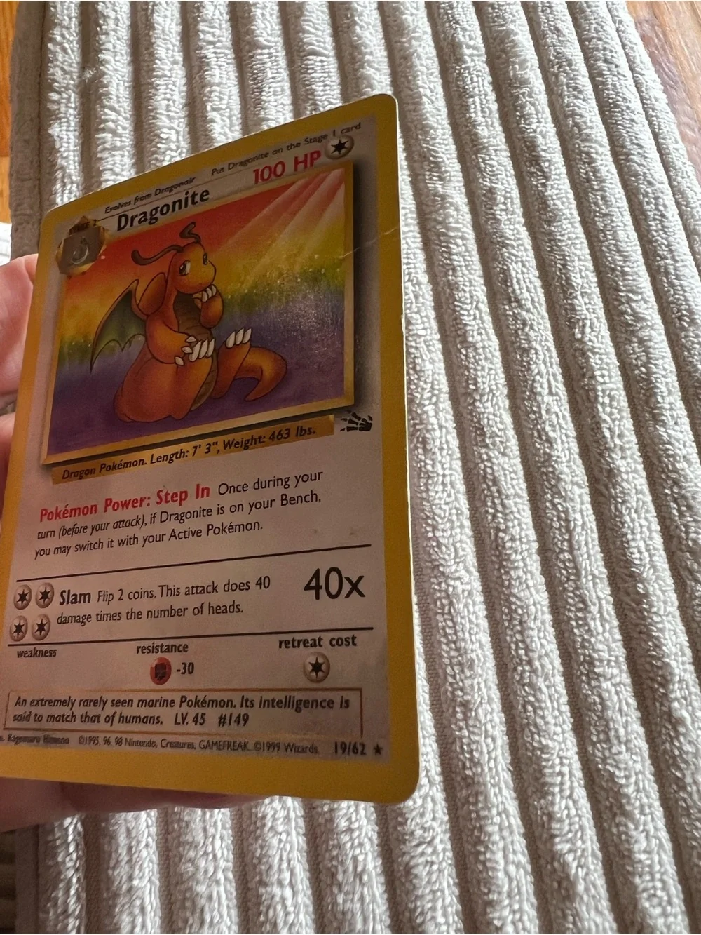 1999 RARE Dragonite 19/62 Fossil Non Holo Pokémon Card