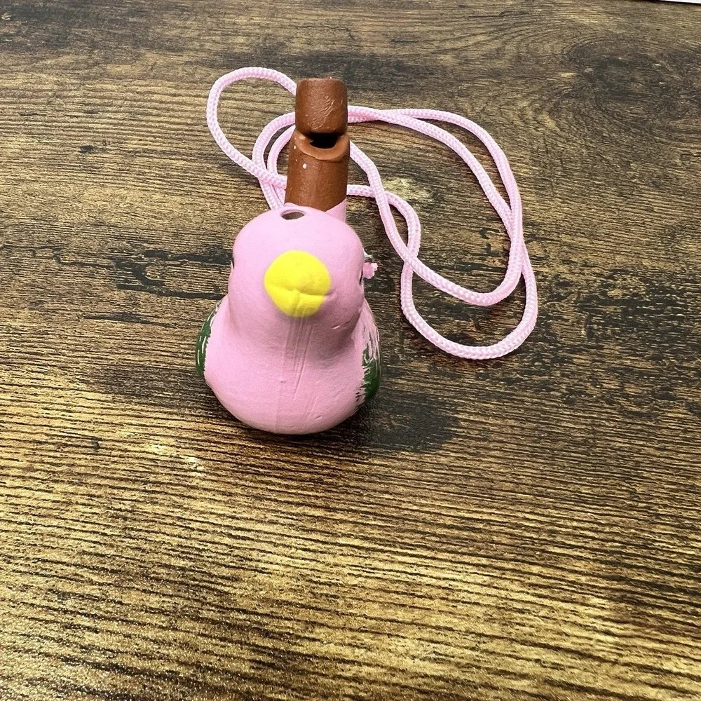 Ceramic Bird Whistle Pink Folk Art Ocarina‎ Necklace Green Yelllow