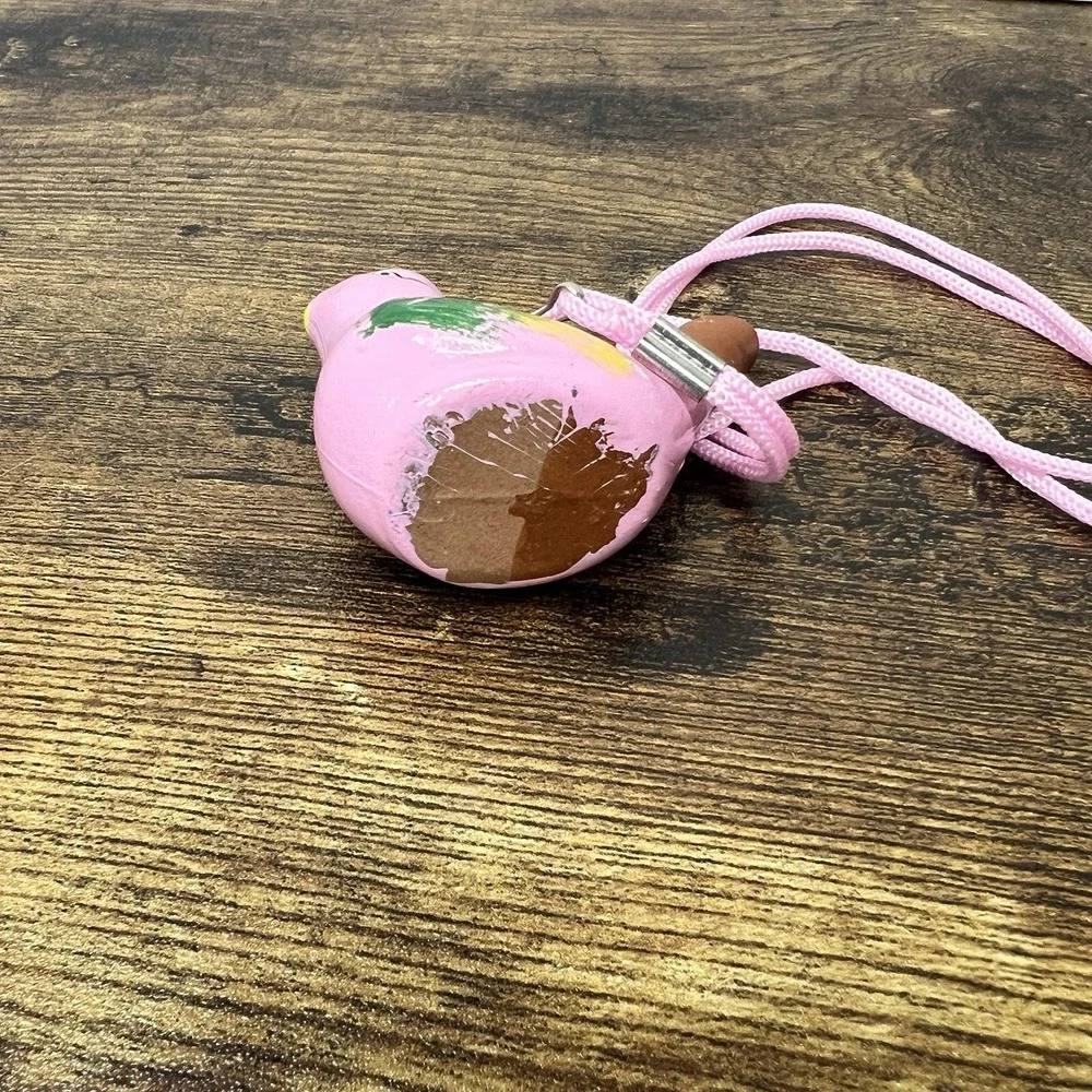 Ceramic Bird Whistle Pink Folk Art Ocarina‎ Necklace Green Yelllow