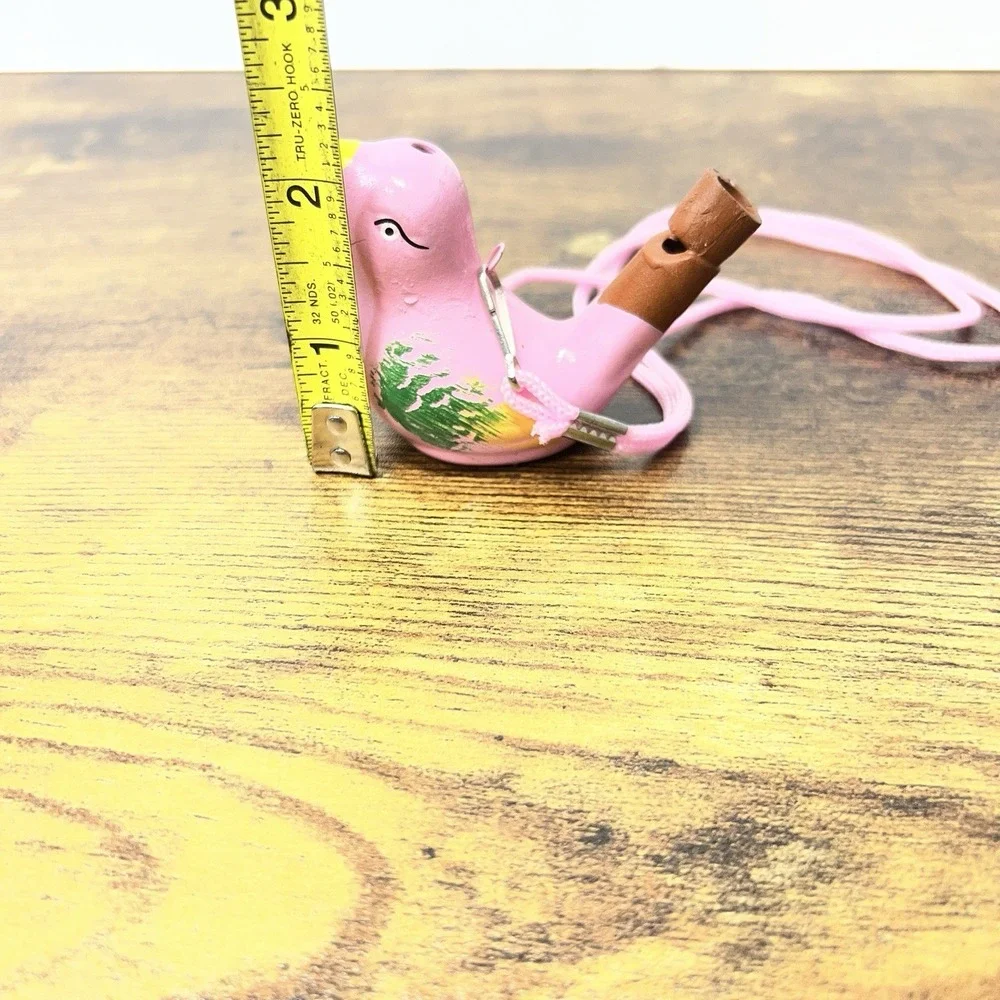 Ceramic Bird Whistle Pink Folk Art Ocarina‎ Necklace Green Yelllow