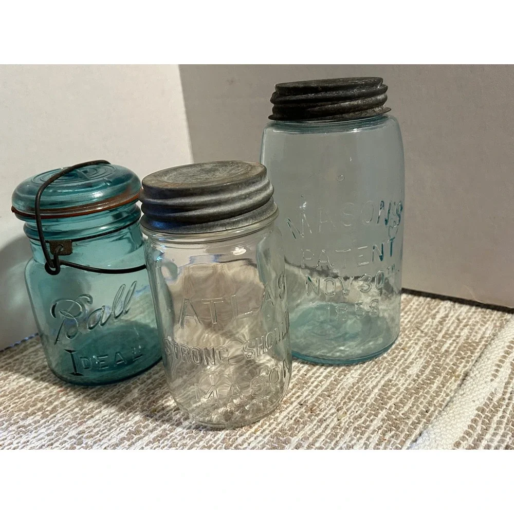 Vintage‎ Ball Ideal Atlas Strong Shoulder Mason Patent 1858 Glass Jars Set of 3