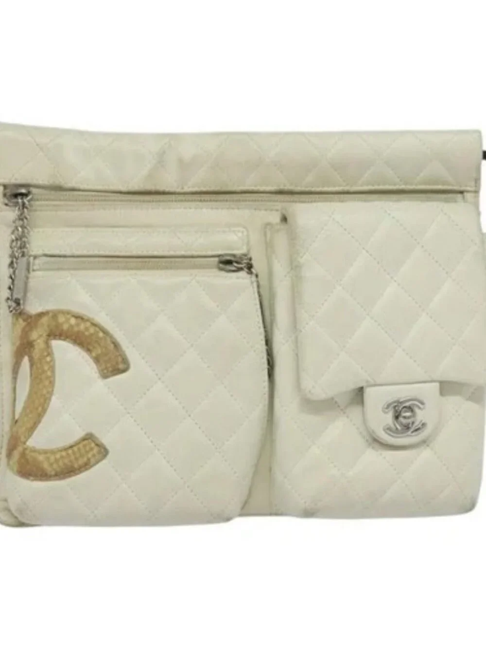 CHANEL Shoulder Bag Lamb Skin White CC Auth BD1411