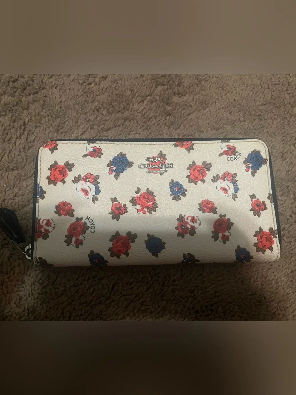 Coach Cream Zip Wallet with Red & Navy Floral Print