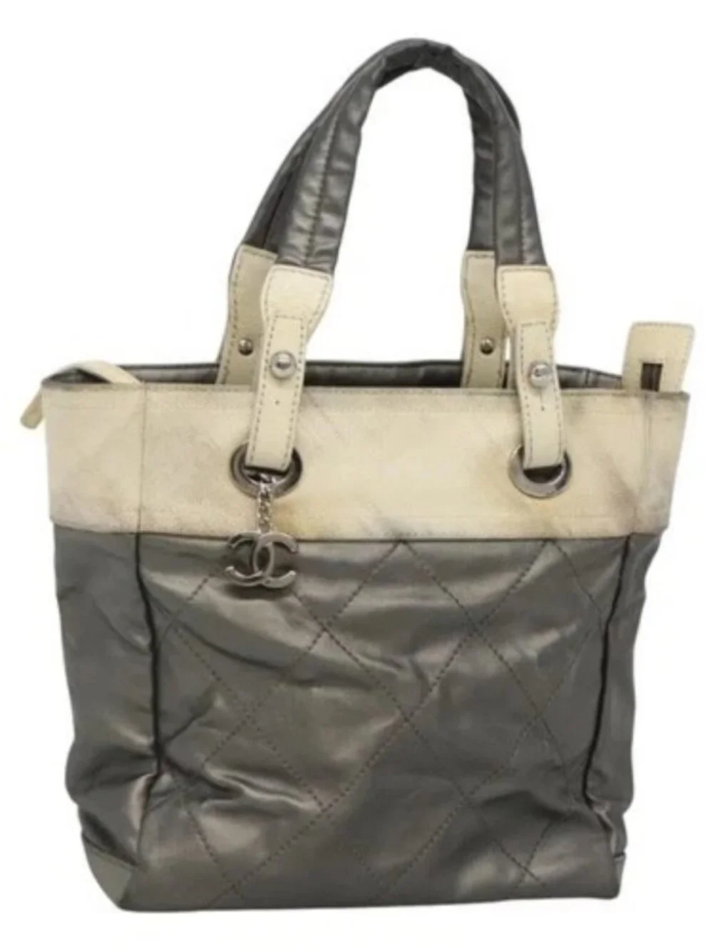 CHANEL Paris Biarritz PM Tote Bag Coated Canvas Silver CC Auth bs23887