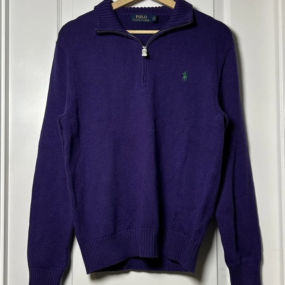 Polo Ralph Lauren Purple Cotton Knit Quarter Zip Sweater Old Money Grandpa Style