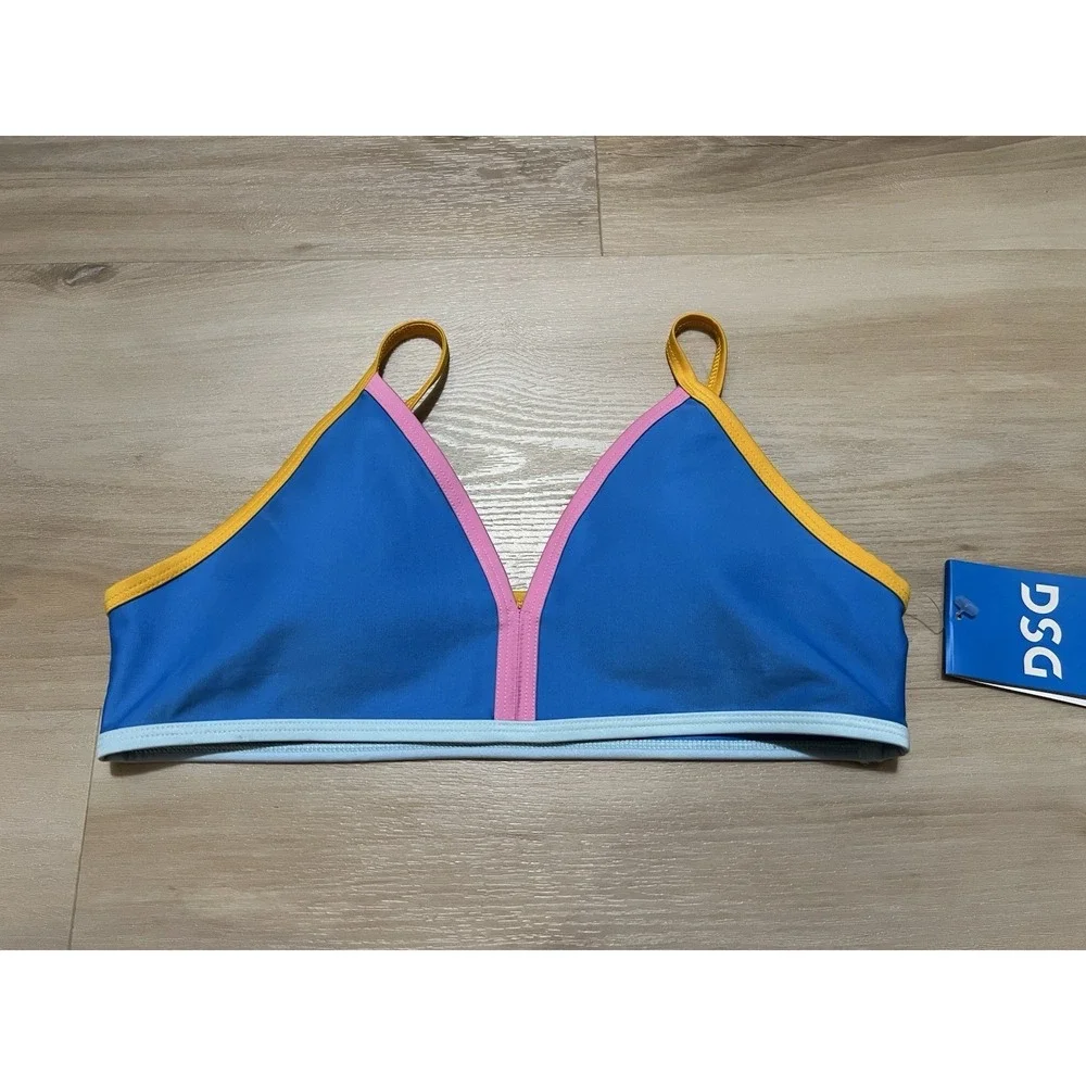 DSG Girls Bound‎ Bikini Top Aqua Blue Pink Trim Size Large 50+ UV Protection