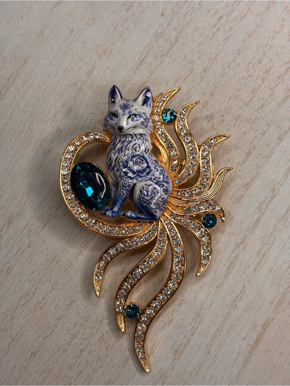 New Blue & White Floral Fox Brooch Pin Rhinestone Gold Tone Woodland Statement