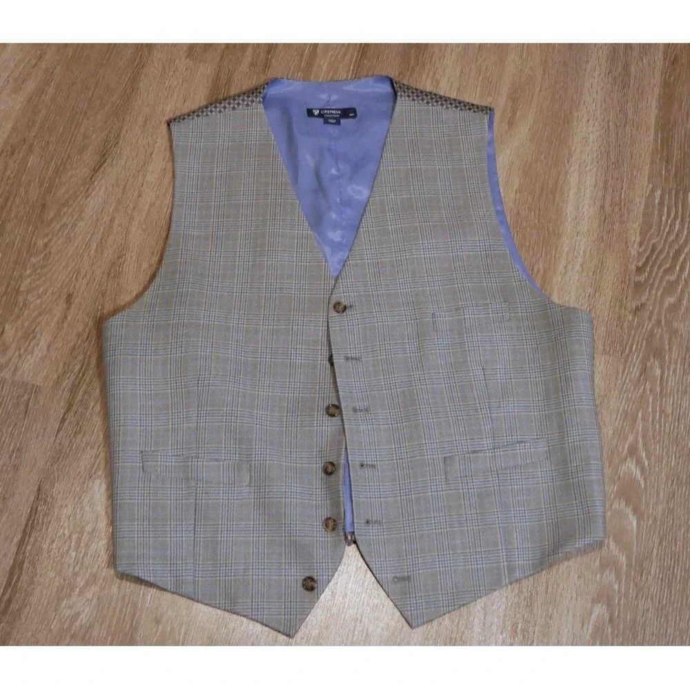 Cremieux Collection Mens XL Plaid‎ Suit Vest Tan Blue Waistcoat Adjustable Back