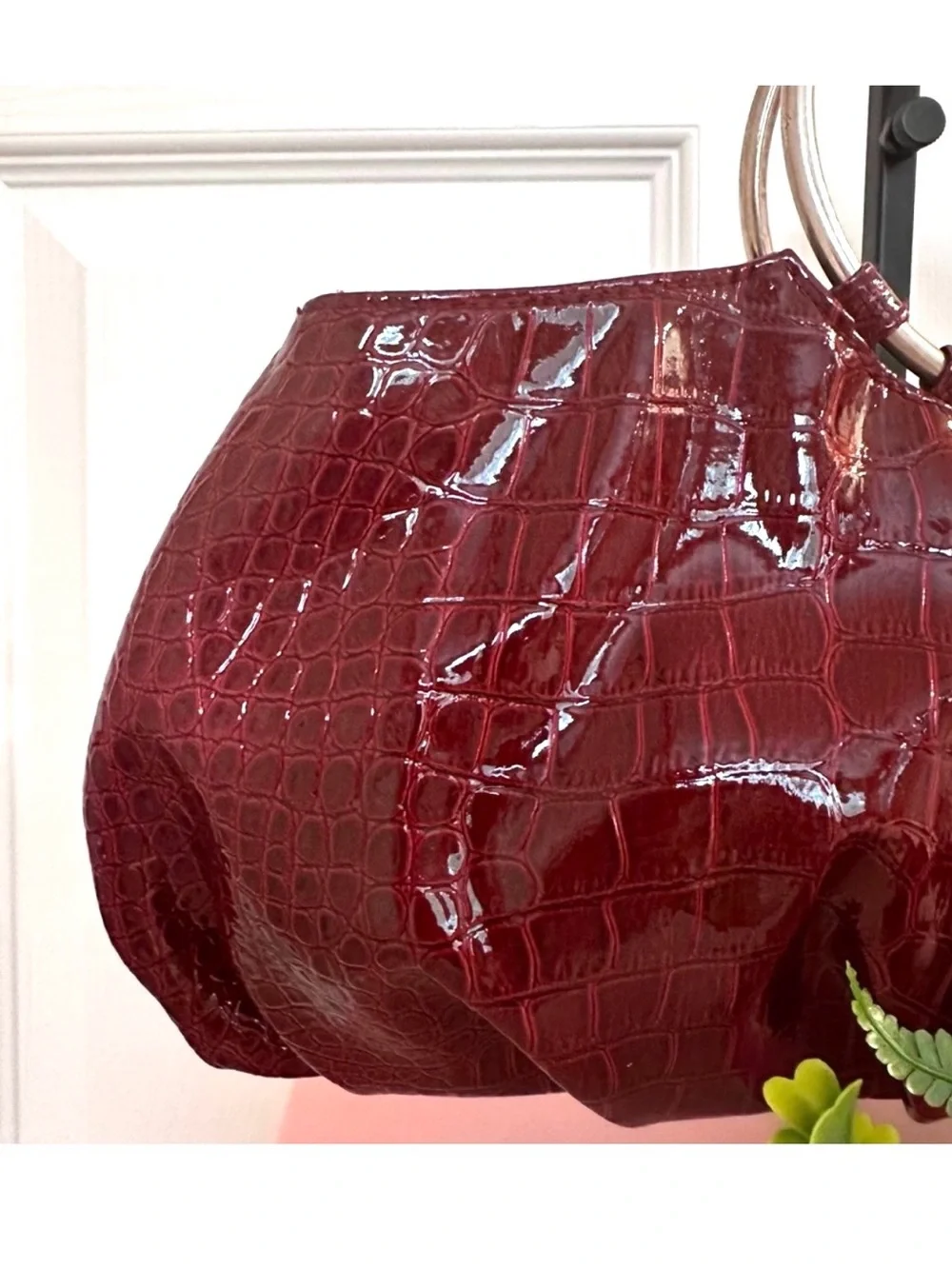 CHATEAU ~ Wine-Colored Croc Embossed Bag Silver Circular Handle Date Night