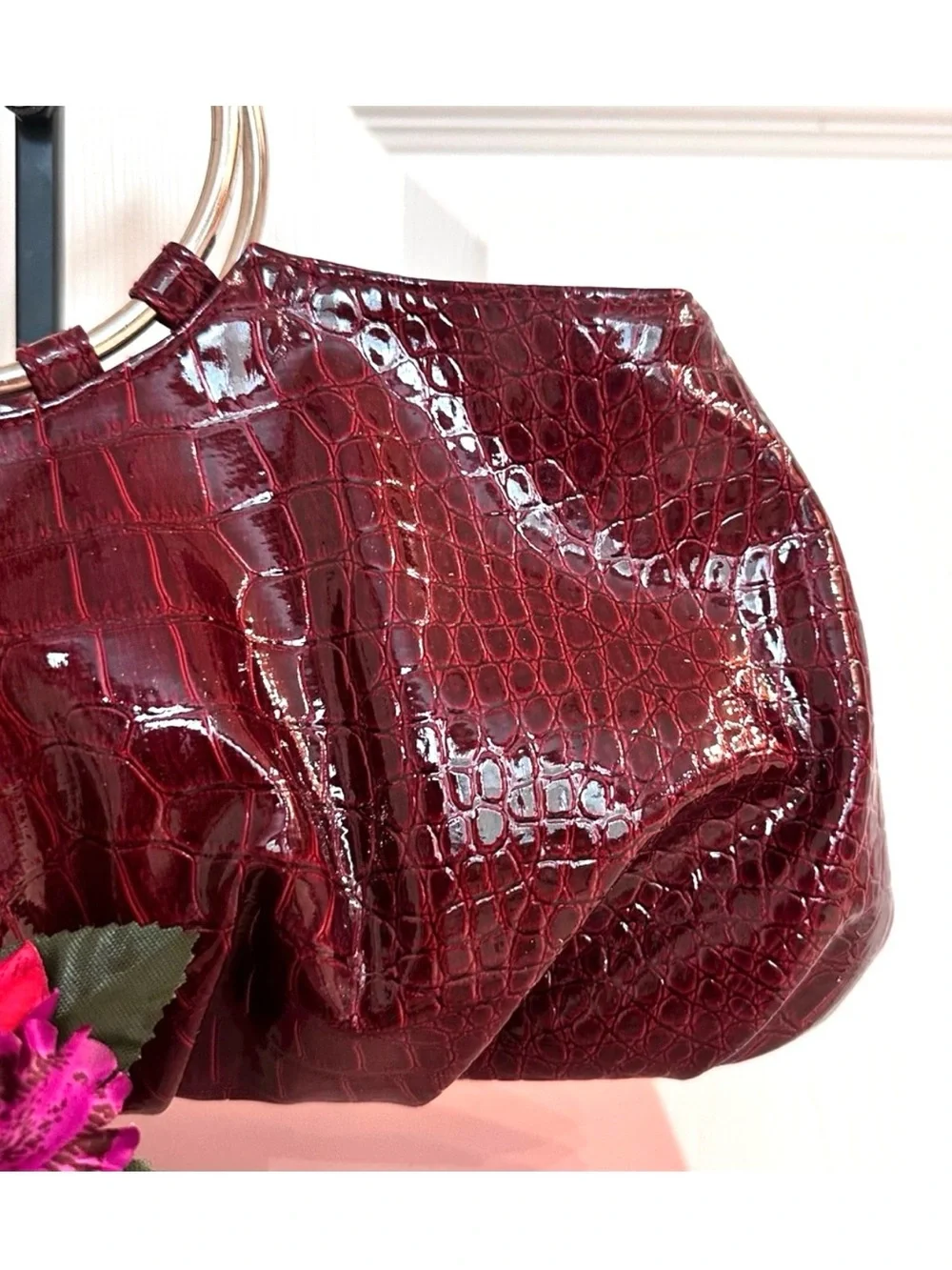 CHATEAU ~ Wine-Colored Croc Embossed Bag Silver Circular Handle Date Night