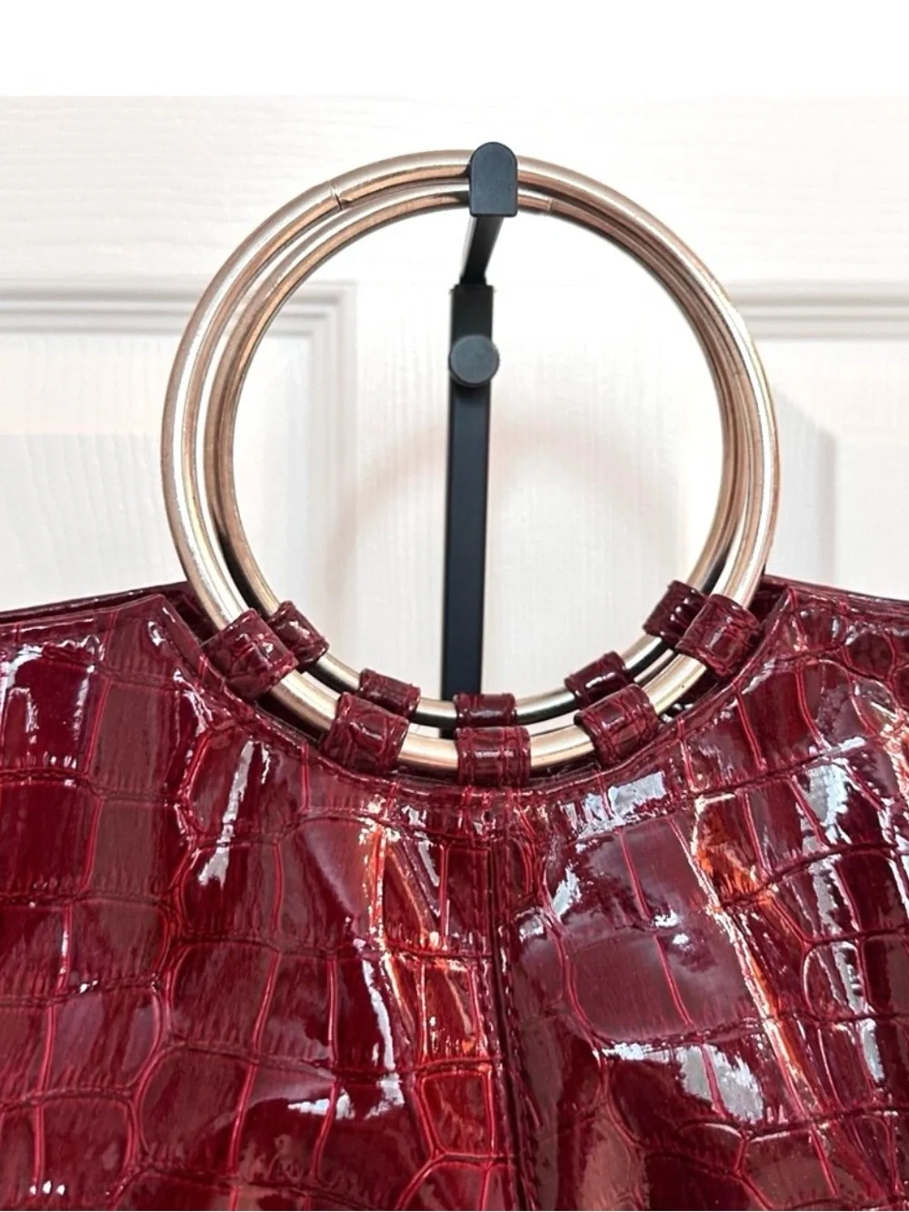 CHATEAU ~ Wine-Colored Croc Embossed Bag Silver Circular Handle Date Night