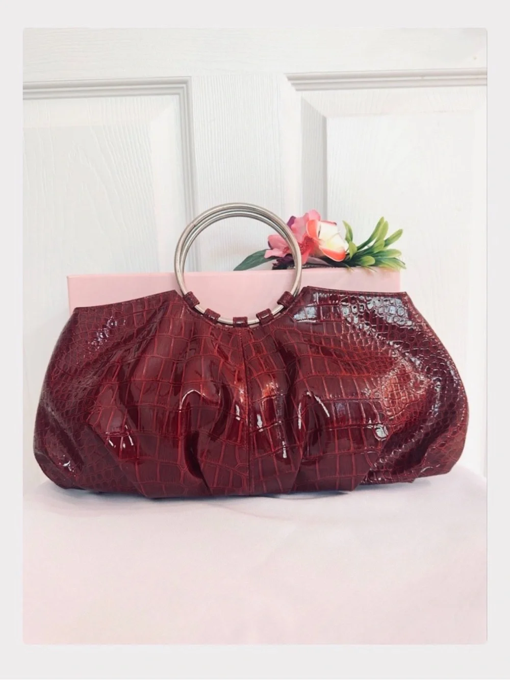 CHATEAU ~ Wine-Colored Croc Embossed Bag Silver Circular Handle Date Night