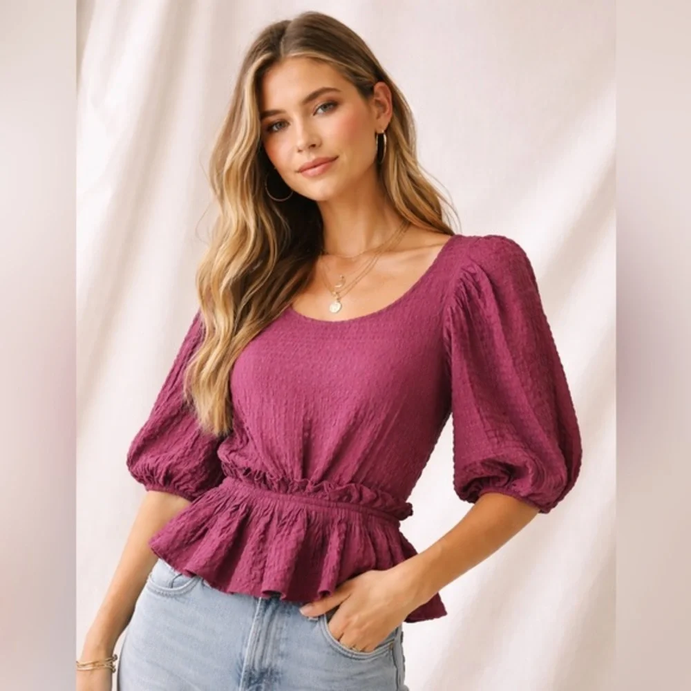 Free People Plum Textured Puff Sleeve‎ Tie Back Peplum Top Size M
