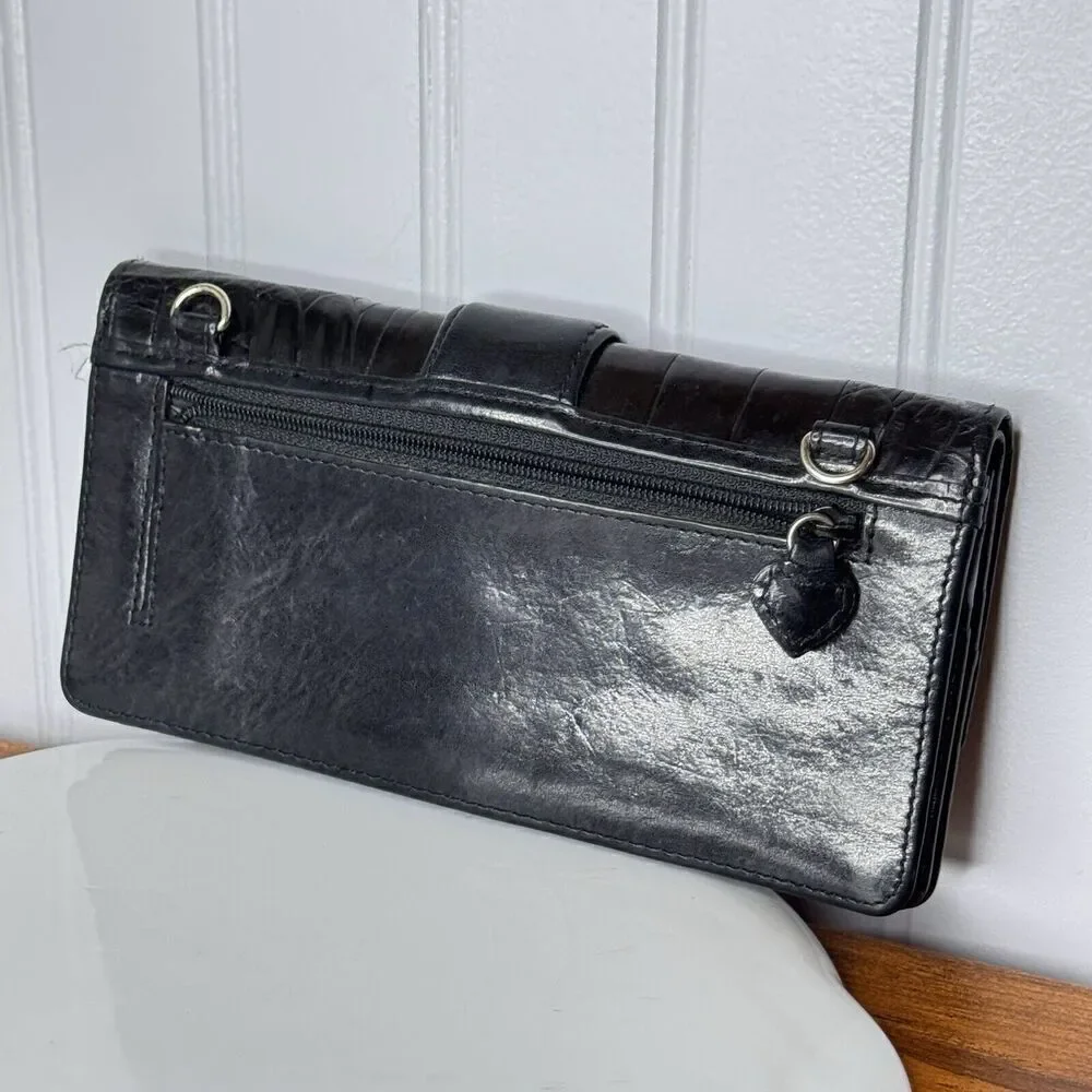 BRIGHTON Wallet Organizer Black Genuine Leather Croc Embossed Silver Accent