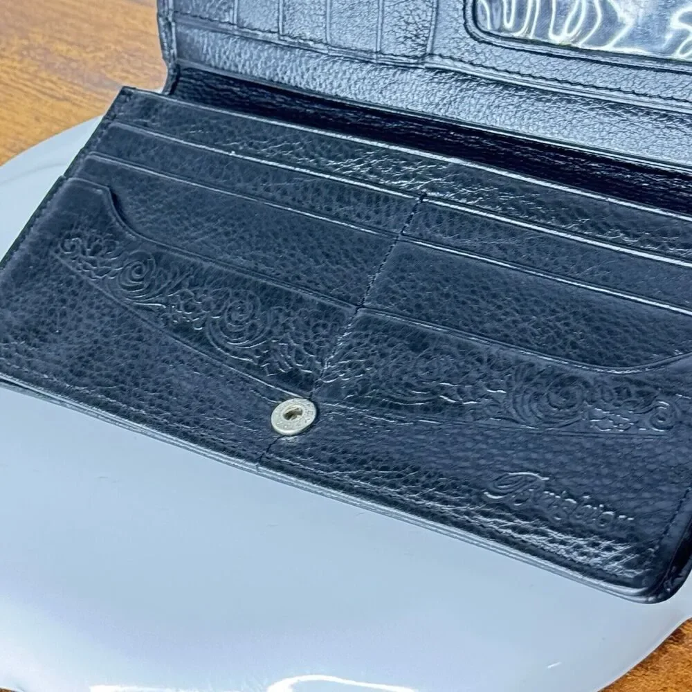 BRIGHTON Wallet Organizer Black Genuine Leather Croc Embossed Silver Accent