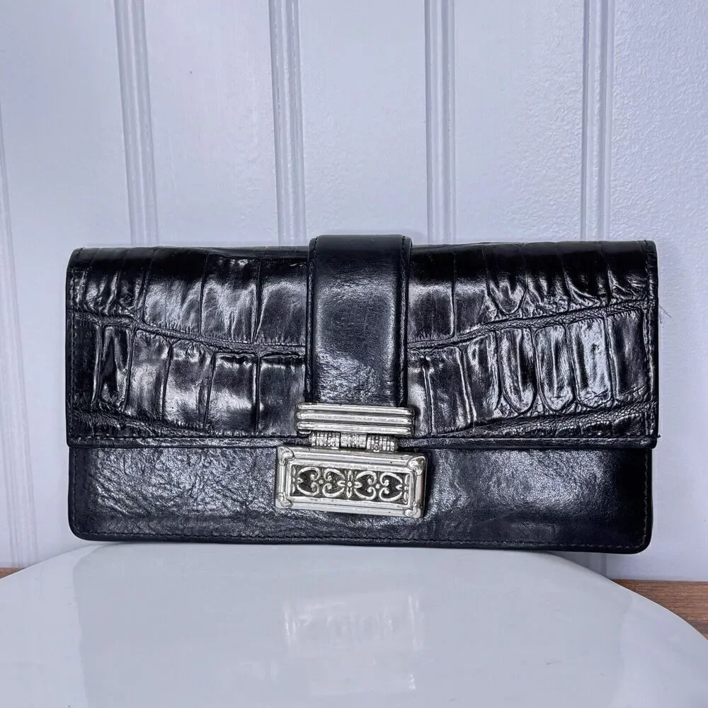 BRIGHTON Wallet Organizer Black Genuine Leather Croc Embossed Silver Accent