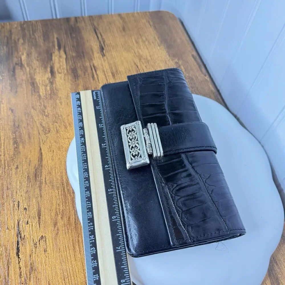 BRIGHTON Wallet Organizer Black Genuine Leather Croc Embossed Silver Accent