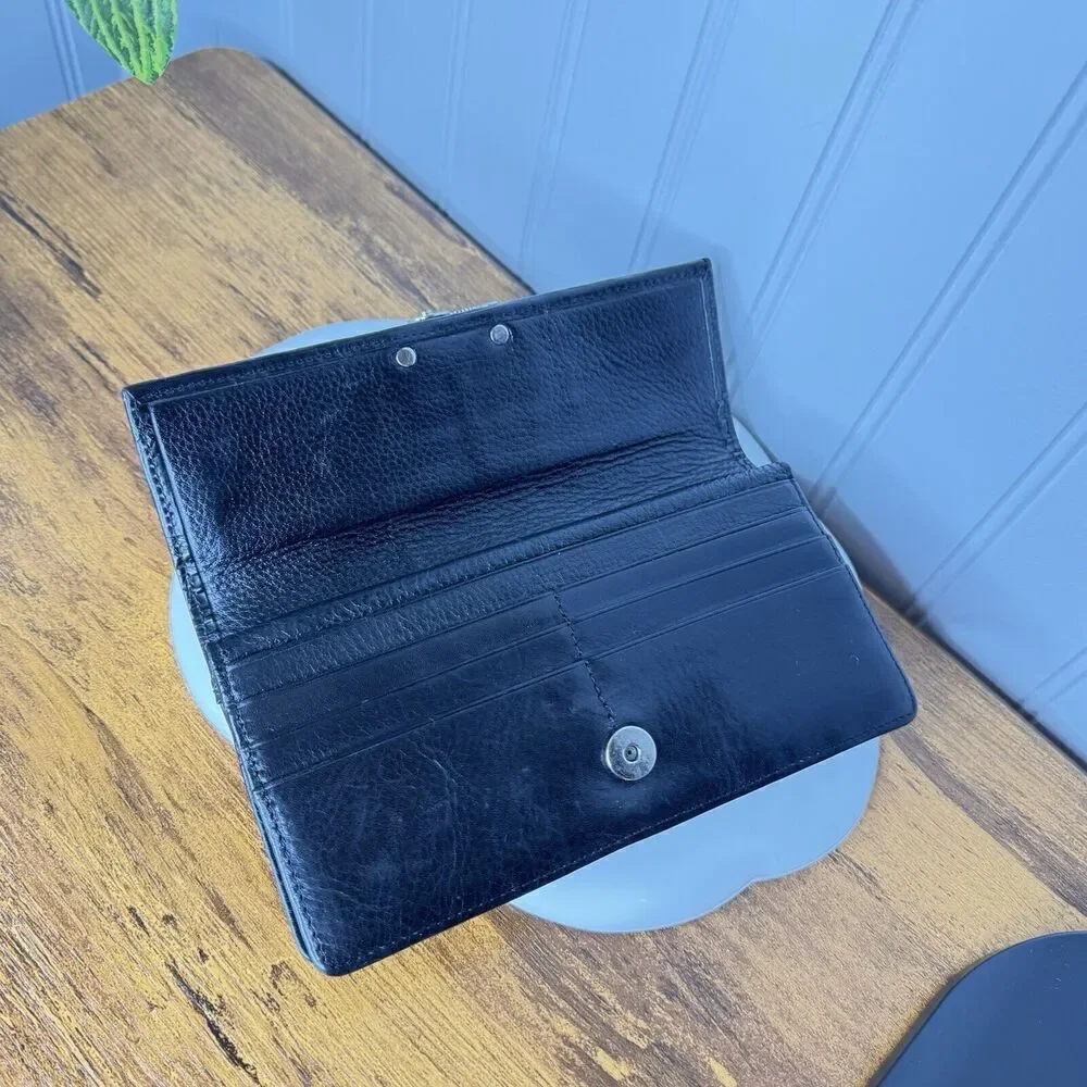 BRIGHTON Wallet Organizer Black Genuine Leather Croc Embossed Silver Accent