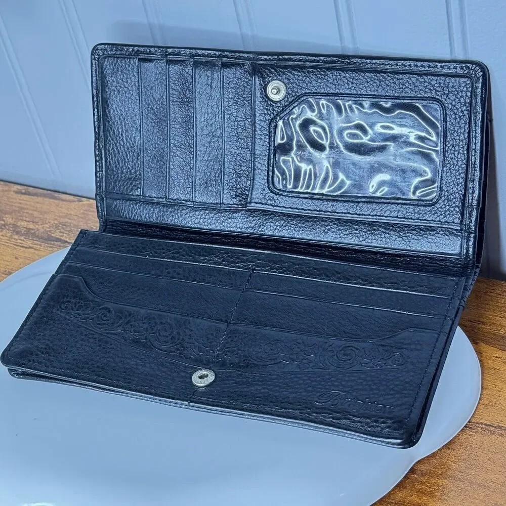 BRIGHTON Wallet Organizer Black Genuine Leather Croc Embossed Silver Accent