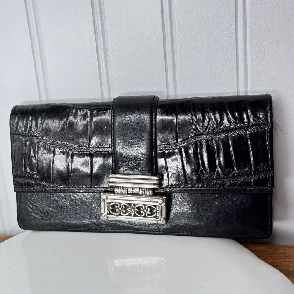 BRIGHTON Wallet Organizer Black Genuine Leather Croc Embossed Silver Accent