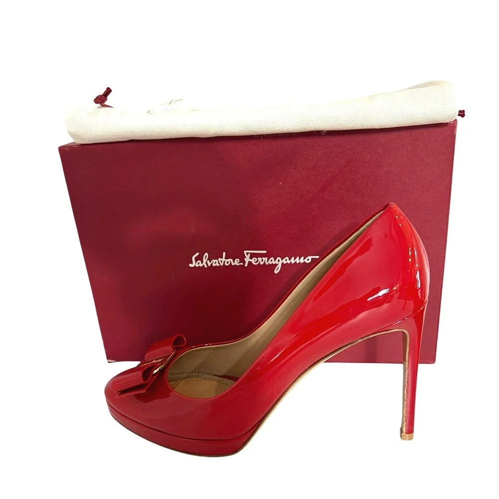 Salvatore Ferragamo Red Patent Leather‎ Osimo Bow Platform Pumps 9.5C