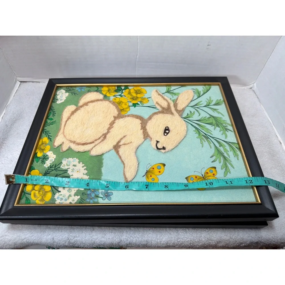 Vintage 60s Handmade Fuzzy Wall Art Kids 10x13 3D Fiber Panda Bunny Set of 2