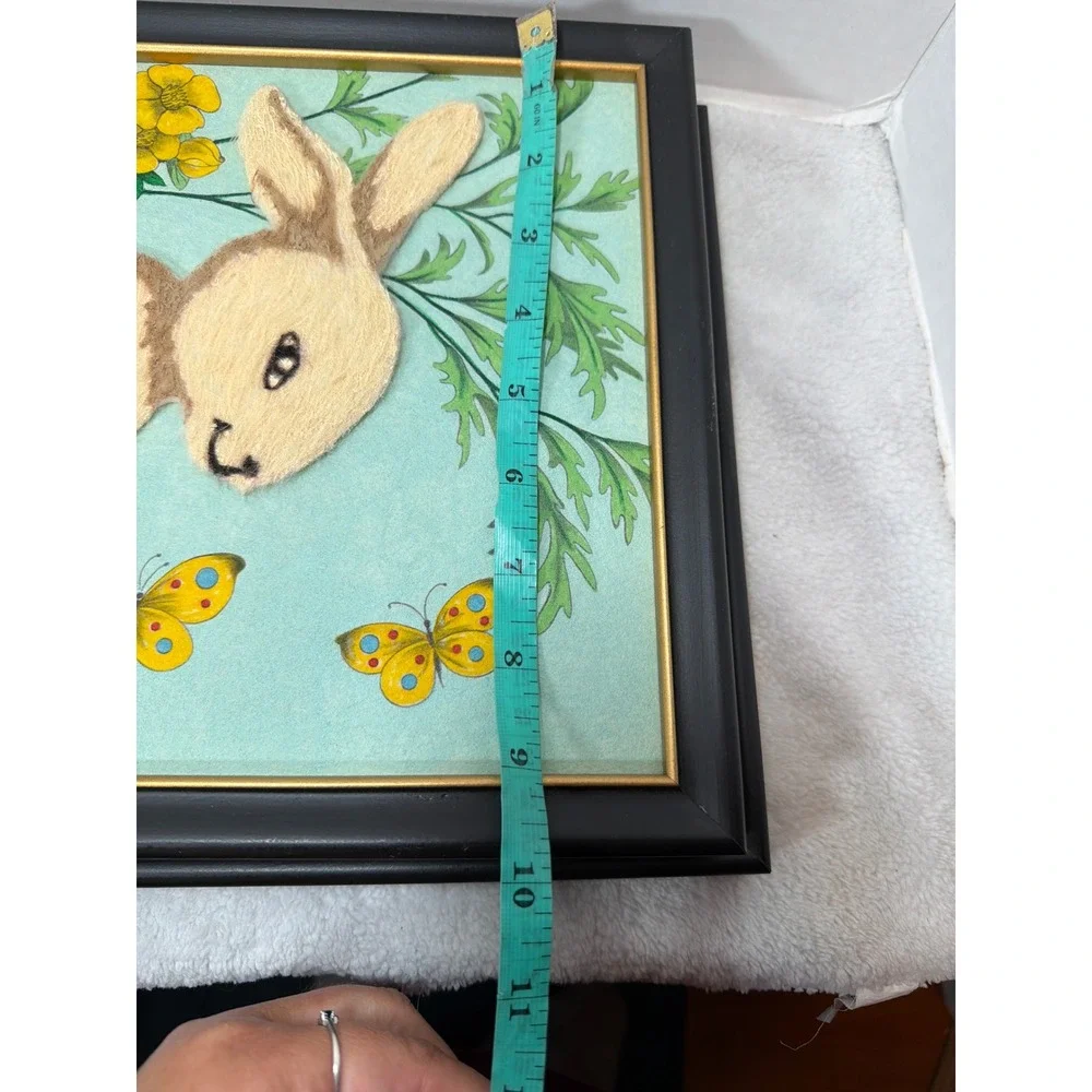 Vintage 60s Handmade Fuzzy Wall Art Kids 10x13 3D Fiber Panda Bunny Set of 2