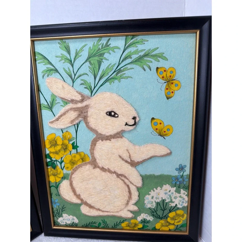 Vintage 60s Handmade Fuzzy Wall Art Kids 10x13 3D Fiber Panda Bunny Set of 2